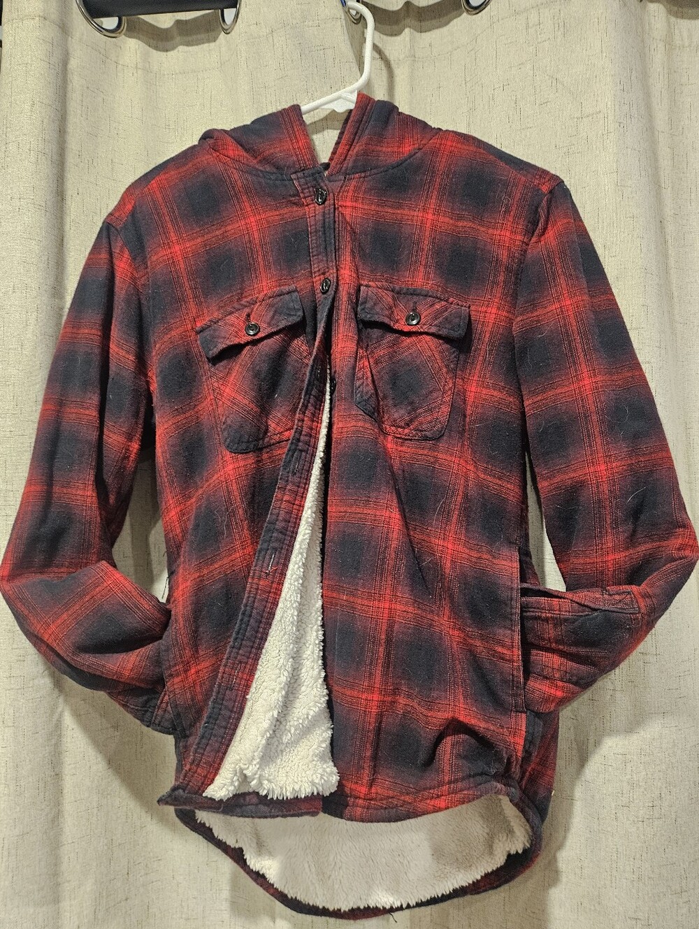 Faux-Sherpa Lined Red Plaid Hoodie Jacket